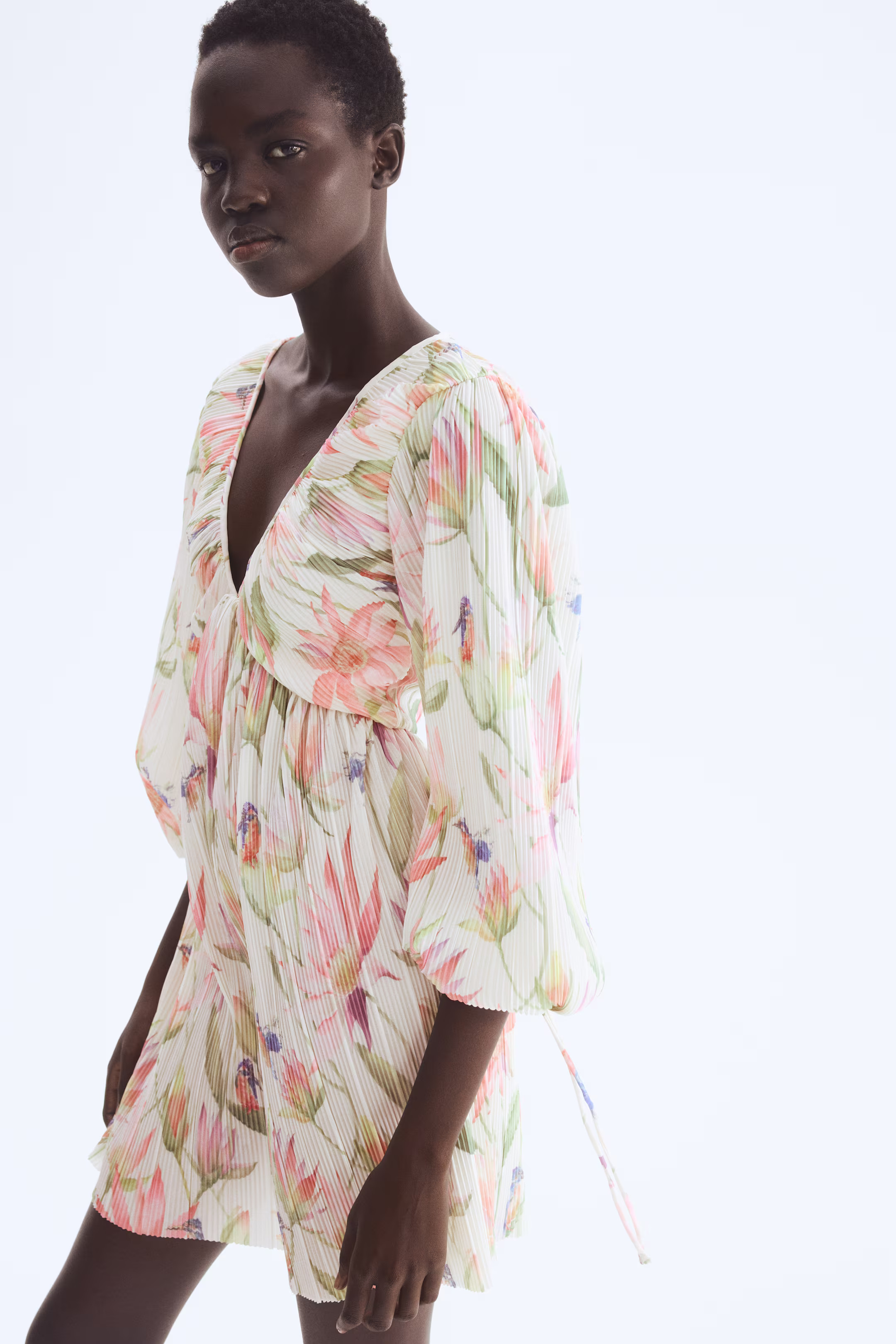 Plissé Dress - Cream/floral - Ladies | H&M US | H&M (US + CA)