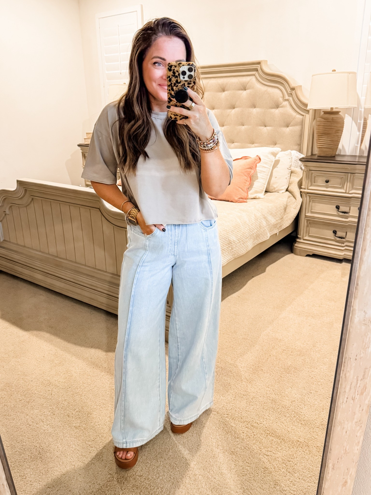 Tee - M, Denim - S (size down if between)
5’2” 145 lbs 
—
Target denim | Casual denim | Loose denim | Drawstring denim | Light colored denim | Cropped tshirt | Casual tshirt | Amazon tshirt 