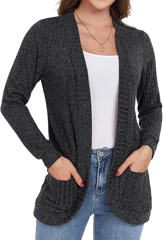 Womens Long Sleeve Open Front Cardigan Casual V-Neck Curved Hem Ribbed Knit Sweater Outerwear wit... | Amazon (US)