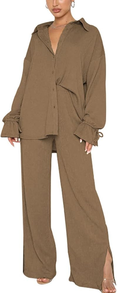Wyeysyt Women's 2 Piece Outfits Casual Long Sleeve Button Down Shirt and High Waist Wide Leg Pant... | Amazon (US)