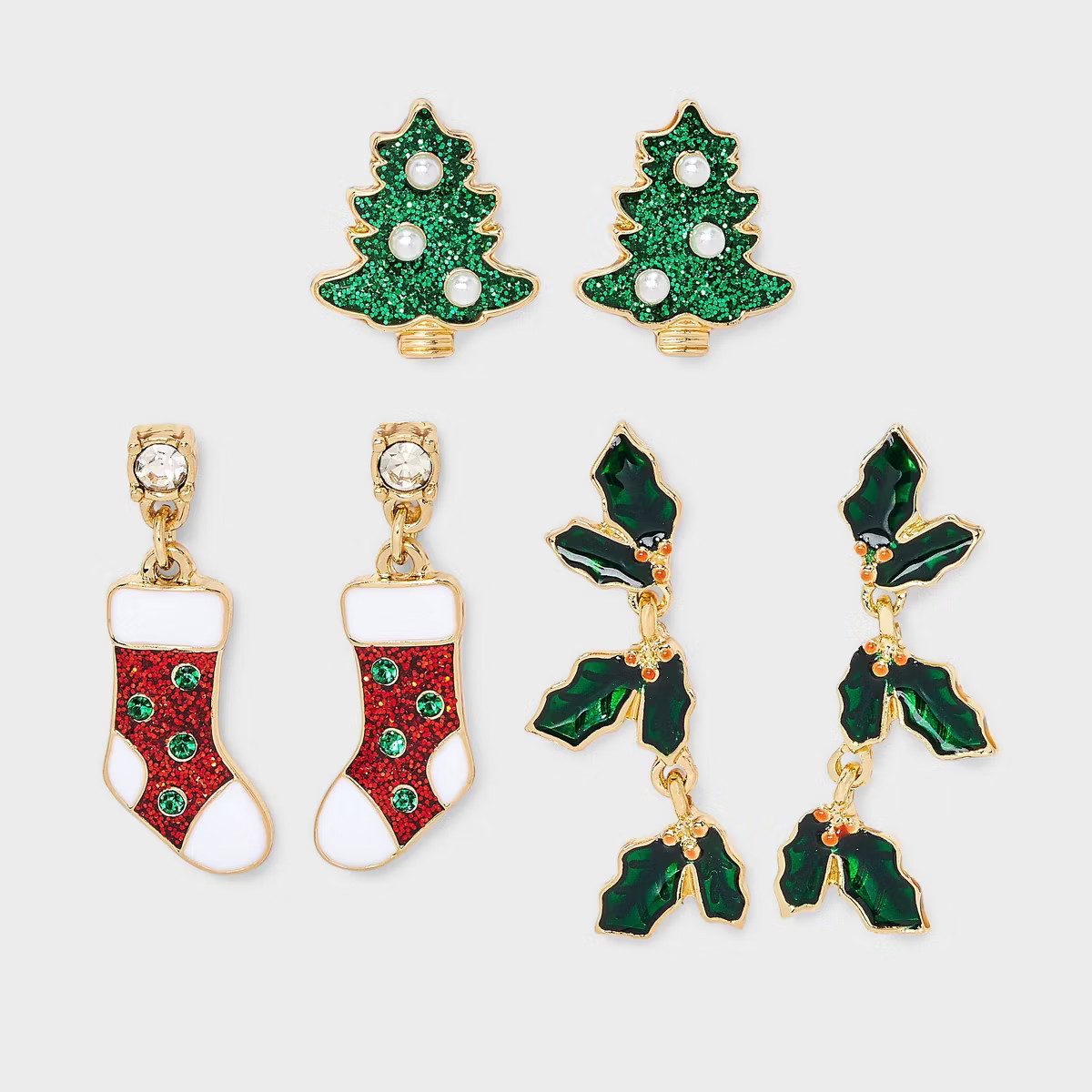 Christmas Icon Earring 3pc Set - Gold/Green/Red | Target