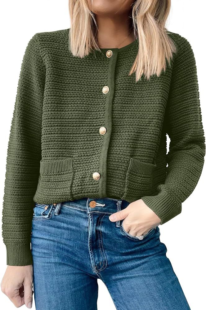 ANRABESS Women's Cardigan Sweaters 2024 Trendy Button Down Tweed Knit Cropped Lady Jackets Coat F... | Amazon (US)