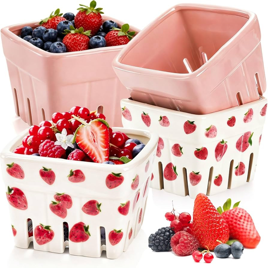 4 Pack Ceramic Berry Baskets, 4.6" Square Fruit Bowls with Holes, Pink & White Berry Containers f... | Amazon (US)