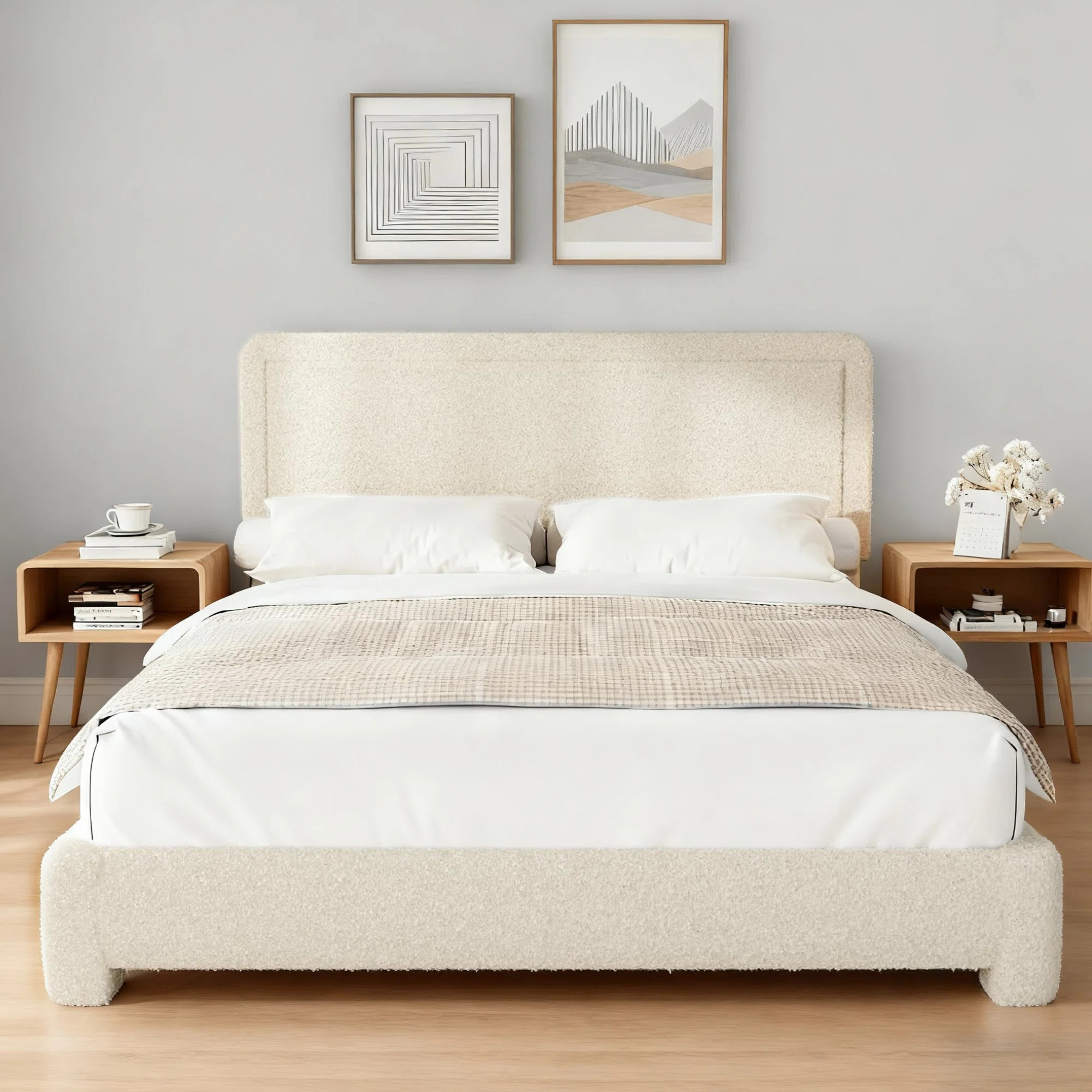 Boucle Bed Frame, Upholstered Cloud Bed Frame, Platform Bed Frame With Headboard, Modern Cream Be... | Wayfair North America