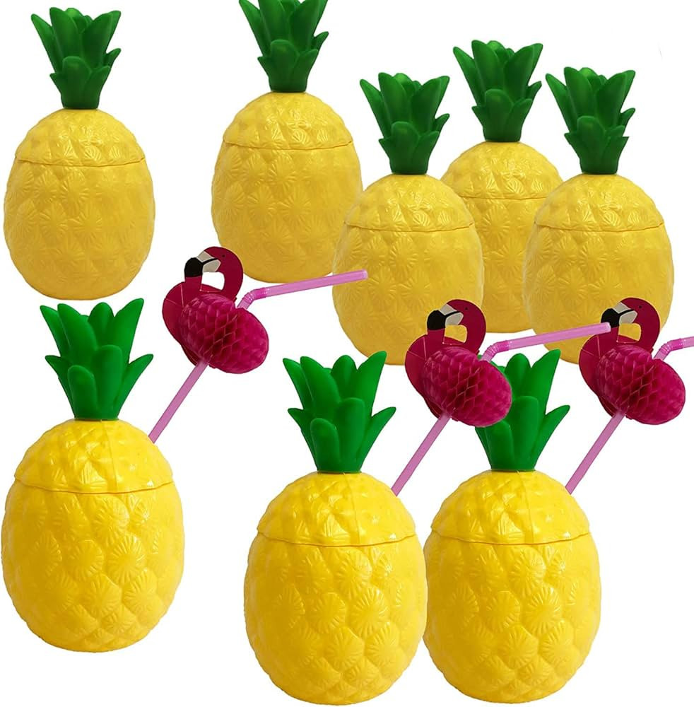 GiftExpress 12-pack Plastic Pineapple Cups with Flamingo Straws, Hawaiian Party Cups Luau Aloha P... | Amazon (US)