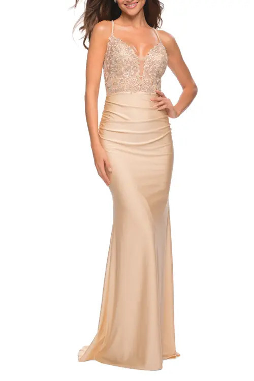 La Femme Prom Dress with Beautiful Lace Bodice and Jersey Skirt in Light Gold at Nordstrom, Size 2 | Nordstrom