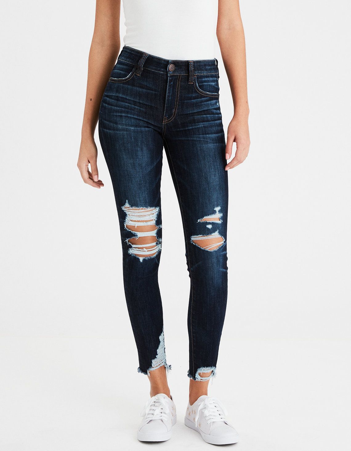 AE Ne(X)t Level High-Waisted Jegging Crop, Indigo Shadow Destroy | American Eagle Outfitters (US & CA)