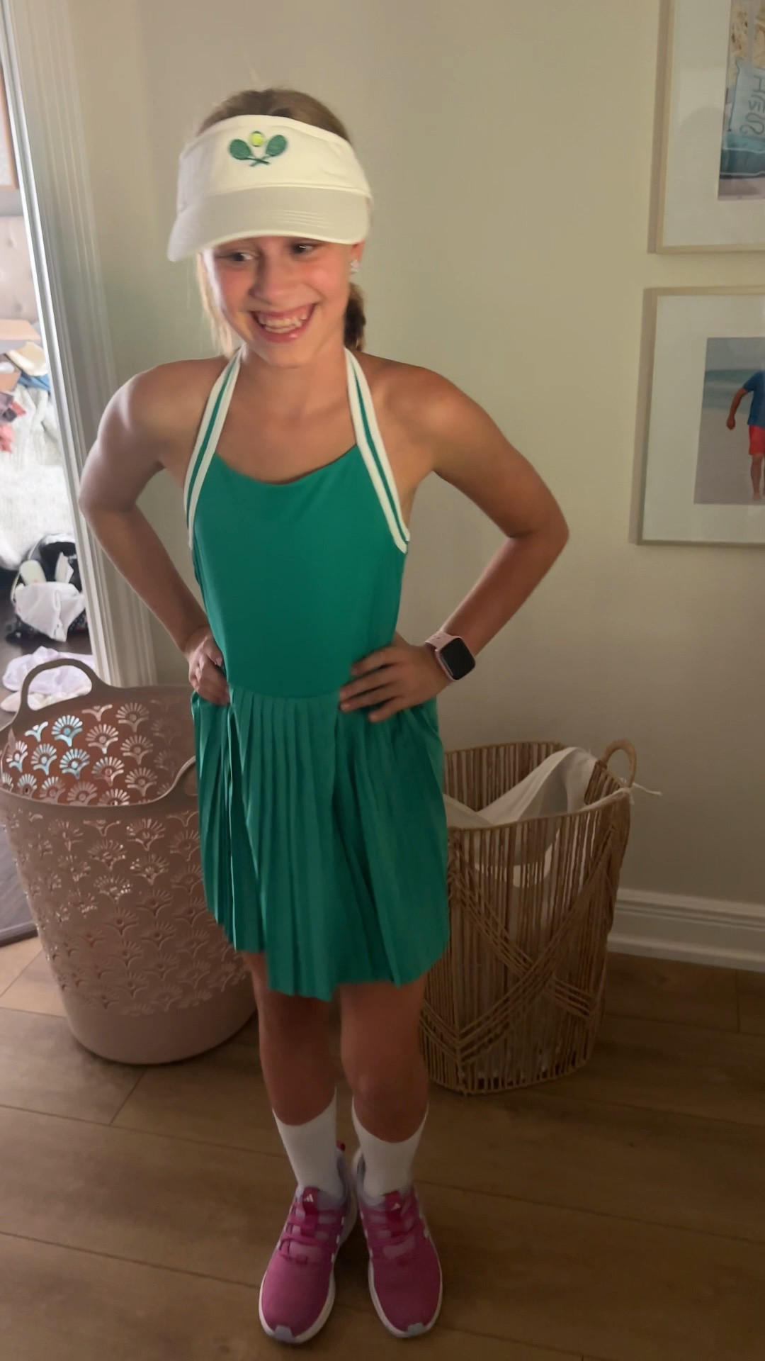 Tennis dress for her first tennis tournament!! Wearing the 10-11. Comes in 4 colors. Linking Amazon and Walmart since it is going in & out of stock. 

Kids girls active dress with built in biker shorts, green pleated skirt, Disney outfit ideas, pink adidas sneakers, tennis visor

#LTKootd #LTKKids #LTKActive