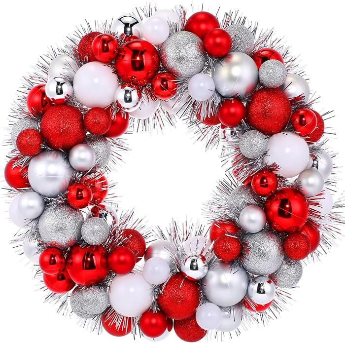 Silipull 14 Inch Christmas Ball Wreath Red and Silver Wreath, Tinsel Trim | Amazon (US)