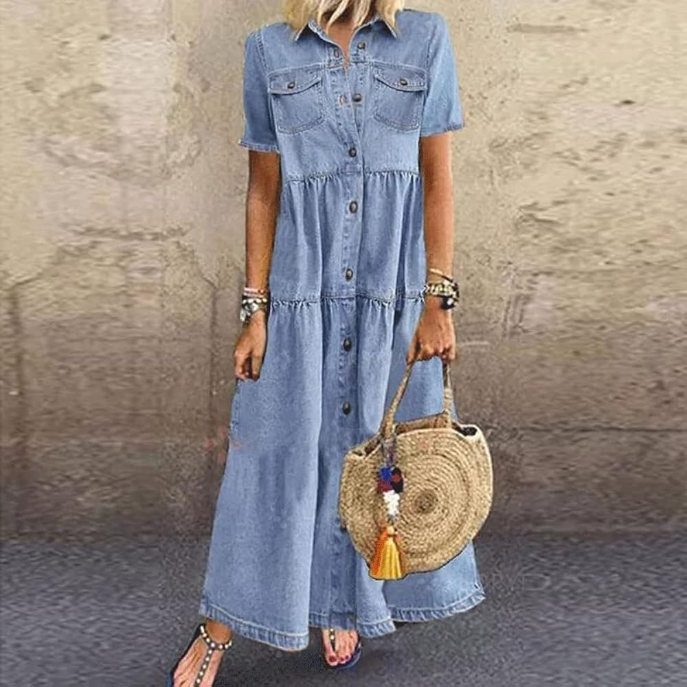 Women's Summer Vintage Cotton Denim Shirt Dress Casual Short Sleeve Lapel Button Up Flowy Pleated Ma | Amazon (US)