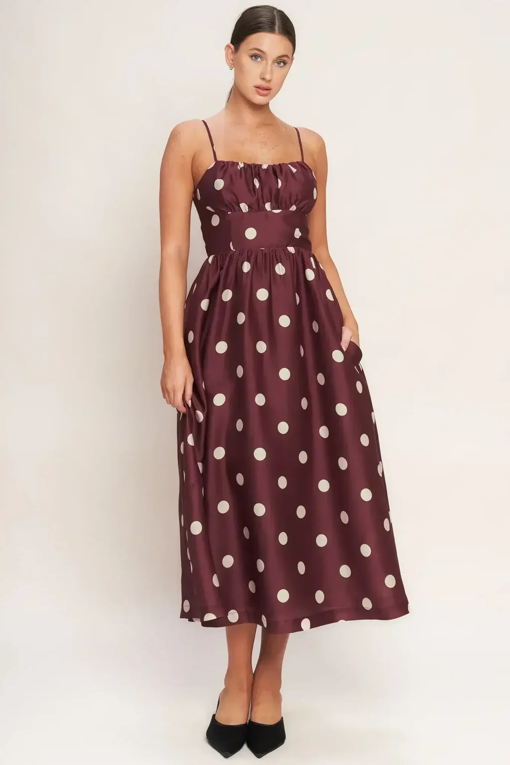 POLKA DOT CHIC BURGUNDY MIDI DRESS | Lady Black Tie
