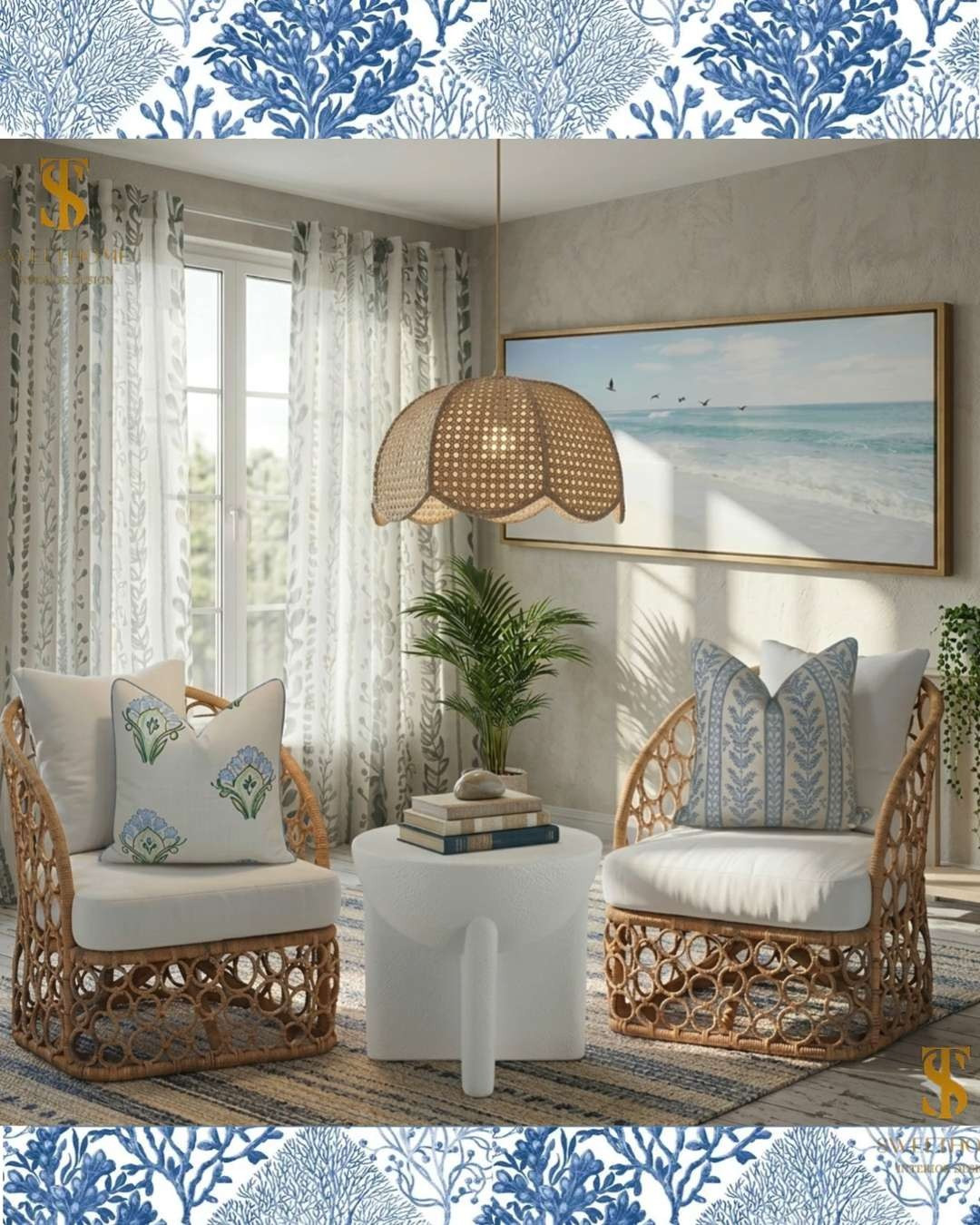  Bohemian Light Honey Rattan Accent Chair, Wall Art Serene Beachscape Tranquil Ocean View, Print Pillow Cover, Sage Green Curtains, Leaf Print Window Treatment, coastal living, grandmillenial home, living room decor, rattan overhead lighting. 
@stsweethome  

 #LTKootd #LTKHome #LTKSaleAlert