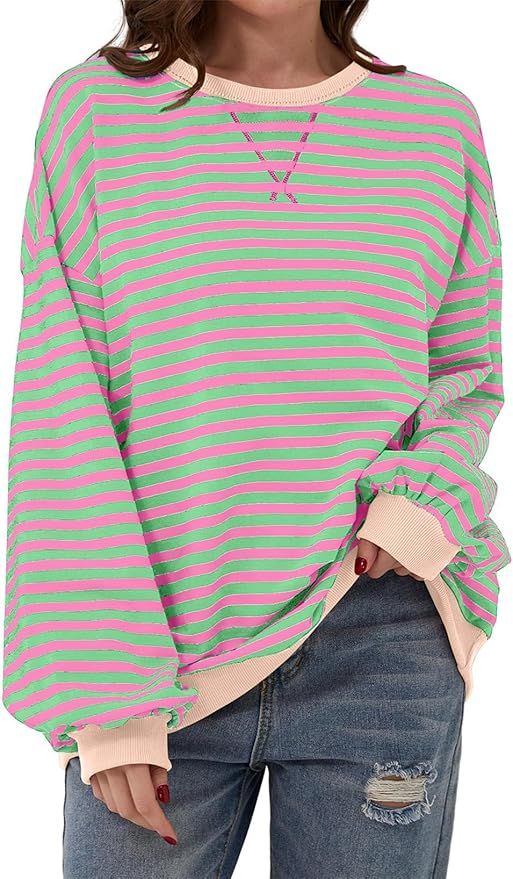 AlvaQ Womens Oversized Sweatshirt 2024 Casual Crewneck Long Sleeve Colorblock Striped Pullover Tu... | Amazon (US)