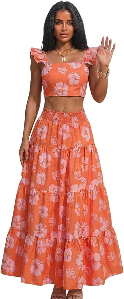 Women\u2019s 2-Piece Tropical Floral Maxi Skirt Set Summer Boho Vacation Outfit High Waist Ruffle... | Amazon (US)