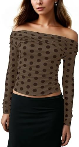 Women Polka Dot Off Shoulder Top Slim Fit Long Sleeve Crop Top Tight Sexy y2k Going Out Shirts Ni... | Amazon (US)