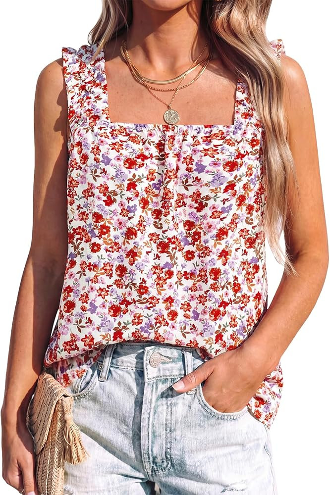 PRETTYGARDEN Boho Floral Tank Tops for Women, Shirred Straps Pleated Summer Casual Sleeveless Shi... | Amazon (US)