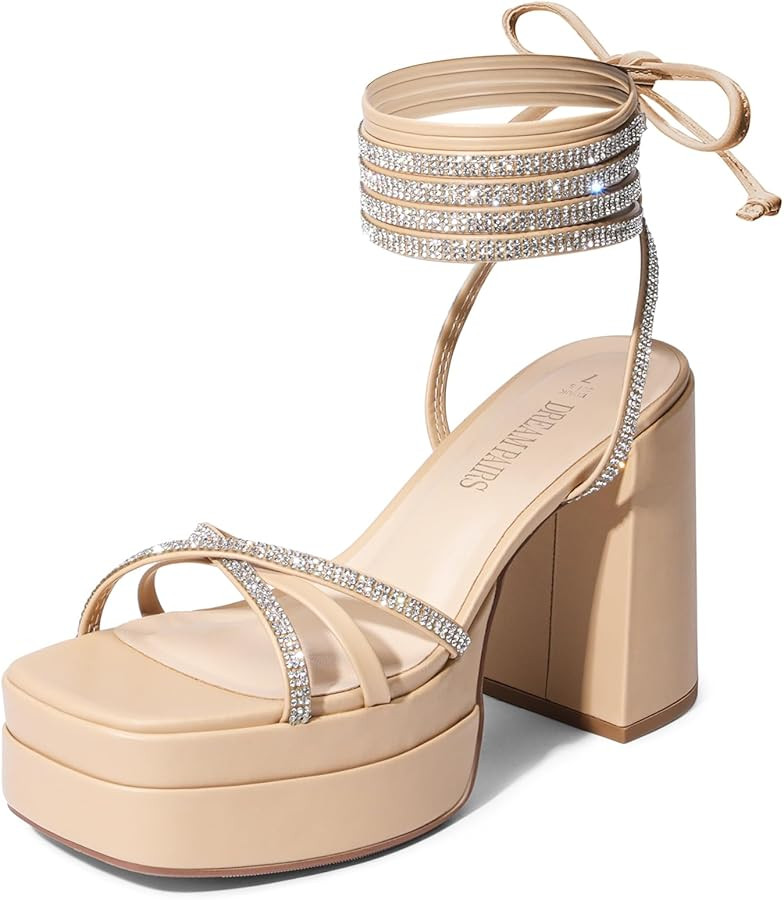 DREAM PAIRS Women's Lace Up Platform Heels Rhinestone High Strappy Chunky Sandal Y2K Shoe for Clu... | Amazon (US)