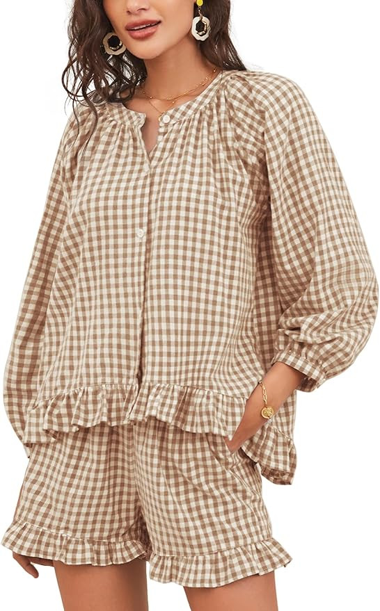 Flygo Women Gingham 2 Piece Pajama Sets Y2K Plaid Ruffle Short Sets Raglan Sleeve Shirt Lounge Sh... | Amazon (US)