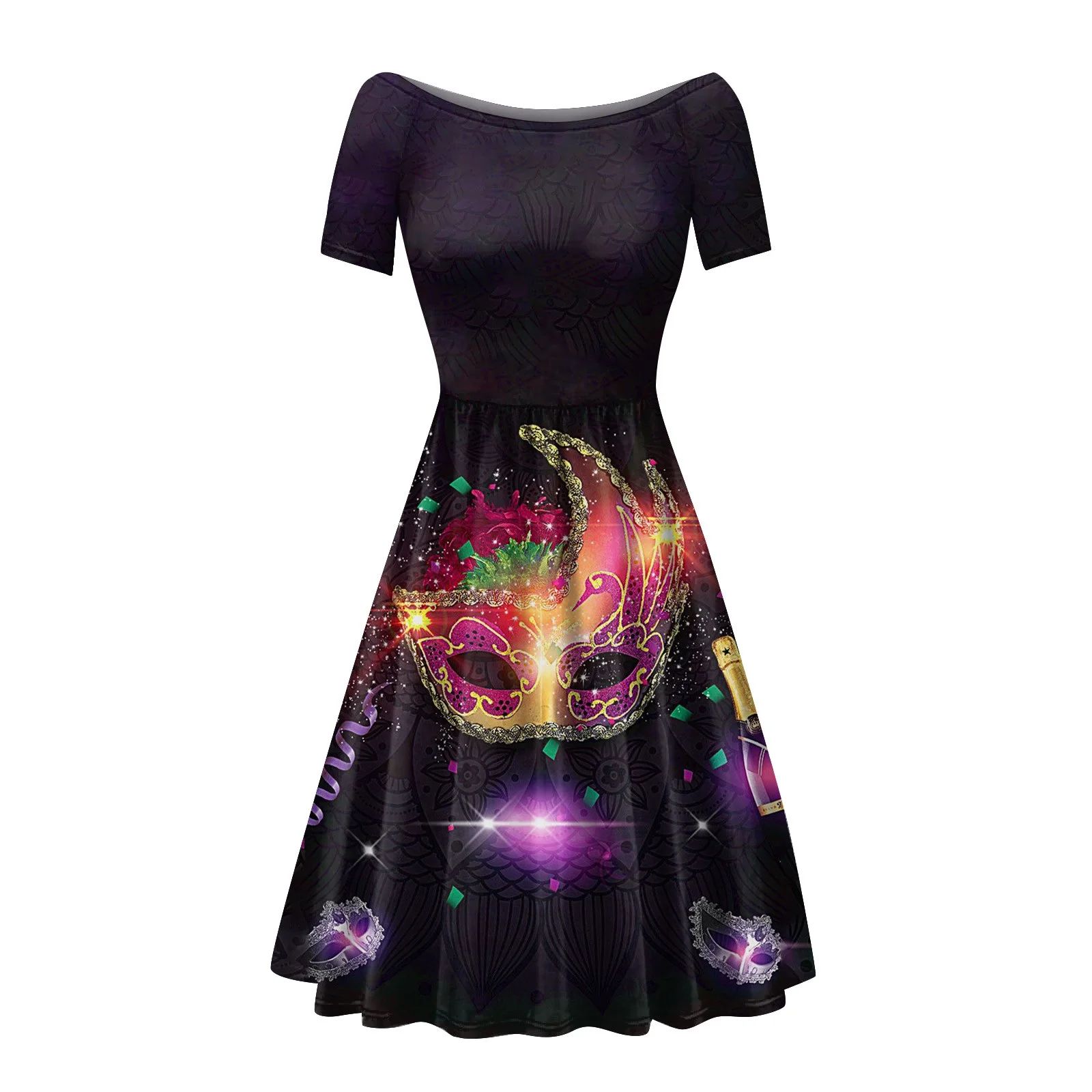 Taymeis Casual Dresses for Women Purple Plus Size Mask Print Mardi Gras Dress Short Sleeve Carniv... | Walmart (US)