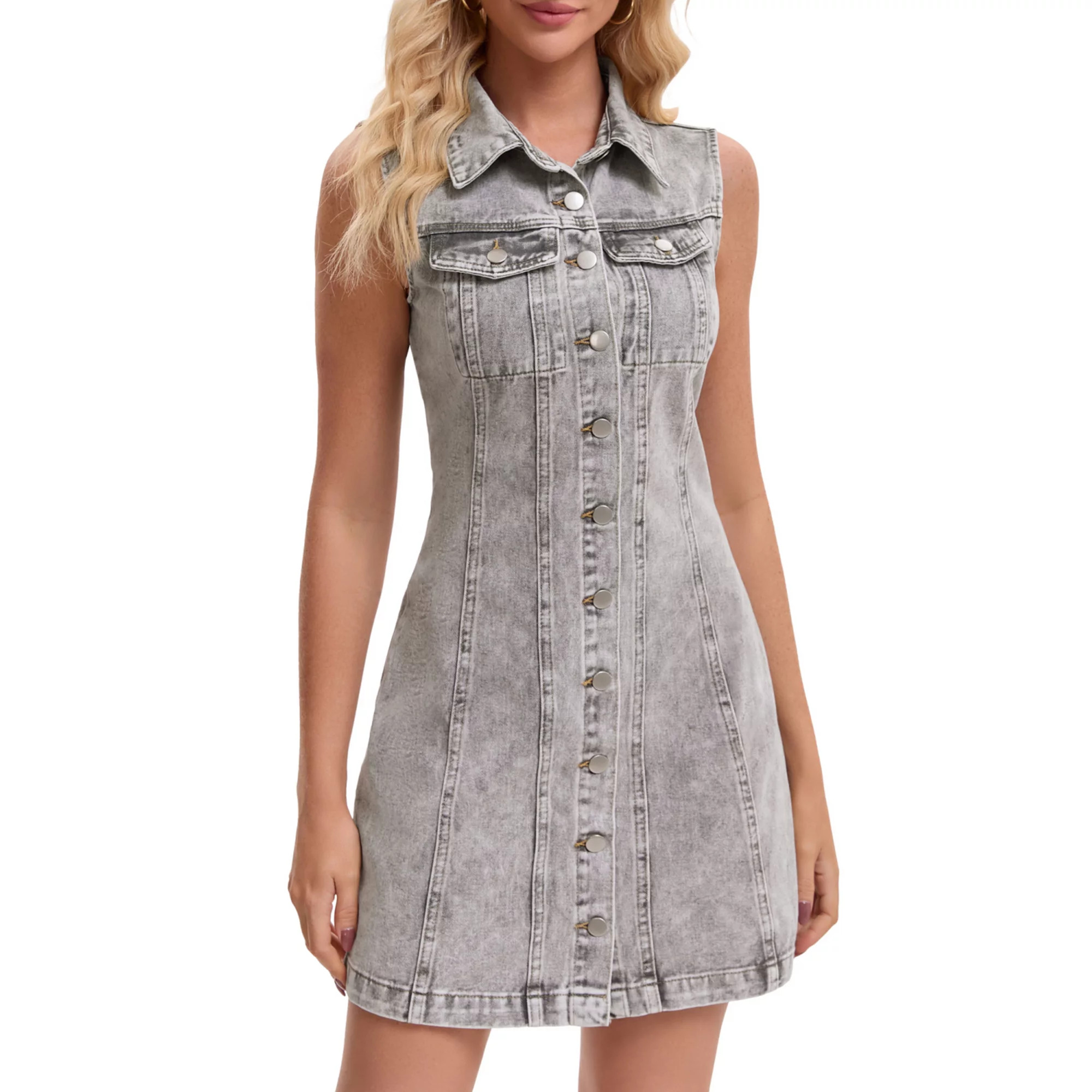 Women's Denim Dress Sleeveless Country Summer Collared Button Down Short Jean Dresses | Kohl's