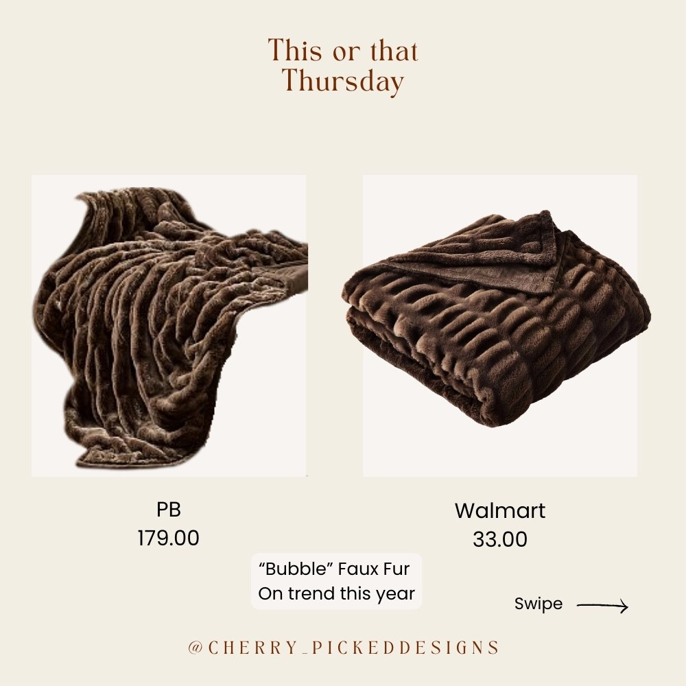 This or That Thursday bringing you all the cozy vibes! 🤗 This "bubble" faux fur throw is such a trendy texture this year! ✨ Trust me, I have been scouring the web for the best fall finds and I have been seeing them at all the designer stores! Oh- there are other color options as well! 

🤎The Pottery Barn throw is gorgeous, but this Walmart option gives you the same plush feel and stylish look for a fraction of the price. 💸 Perfect for snuggling up on the sofa or adding an extra layer of warmth to your bed or a GIFT!!

➡️You know on "This or That Thursdays" I share the best dupe finds, and every day I post affordable home decor that doesn't skimp on style. Follow along for more home decor inspiration and amazing deals! 😉 

#FauxFurThrow #BubbleTexture #CozyBlanket #HomeDecorDupes #AffordableHomeDecor #LivingRoomDecor #BedroomDecor #WalmartFinds #PotteryBarn #ThisOrThatThursday #HomeStyling #InteriorDecor #CozyHome #OnTrendDecor #FallDecor #NeutralHome
#OrganicModern #LTKGift #FallStyle

#LTKHome #LTKStyleTip #LTKautumn