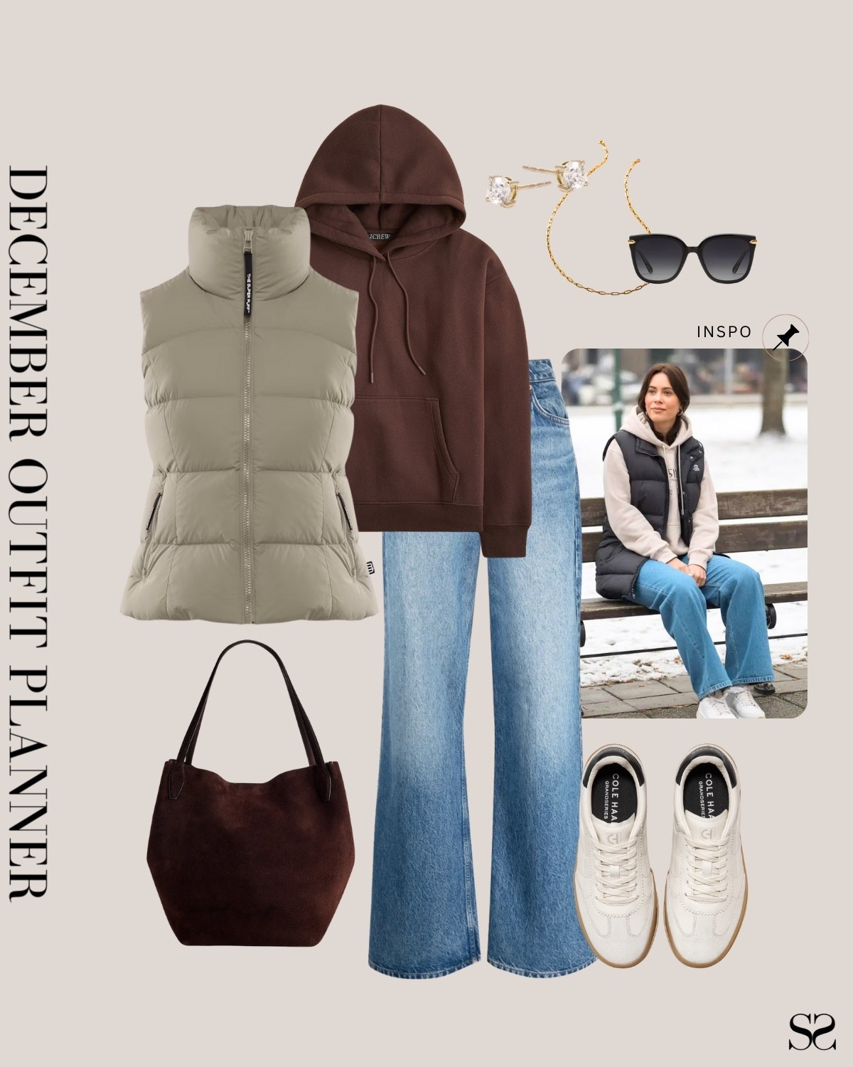 Monthly outfit planner DECEMBER: Winter outfits | wide leg jean, puffer vest, chocolate brown hoodie, sneakers, suede leather tote, weekend outfit 

#classicstyle #casualstyle #LTKstyletip #winteroutfit

Image inspo credit: Pinterest


#LTKSeasonal #LTKgrwm