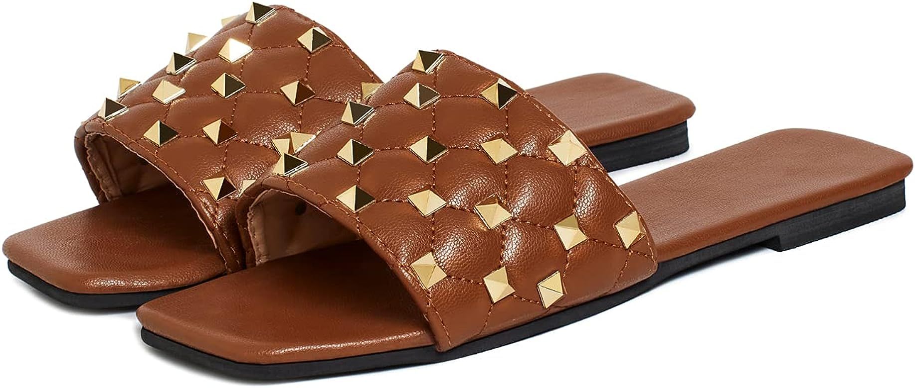 Women's Studded Sandals Flat Square Open Toe Pleather Strap Slides Slip On Casual Shoes | Amazon (US)