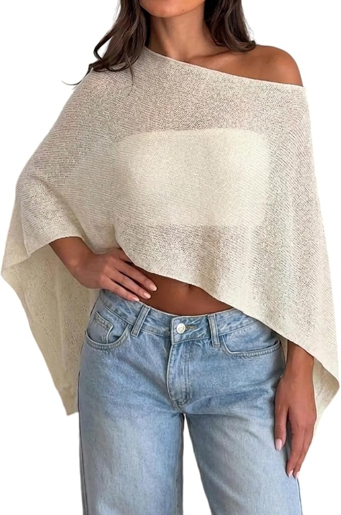 Womens Sheer Poncho Top Y2k Knitted Summer Asymmetrical Mesh Shawl Pullover Sweater Cover Up Tops | Amazon (US)