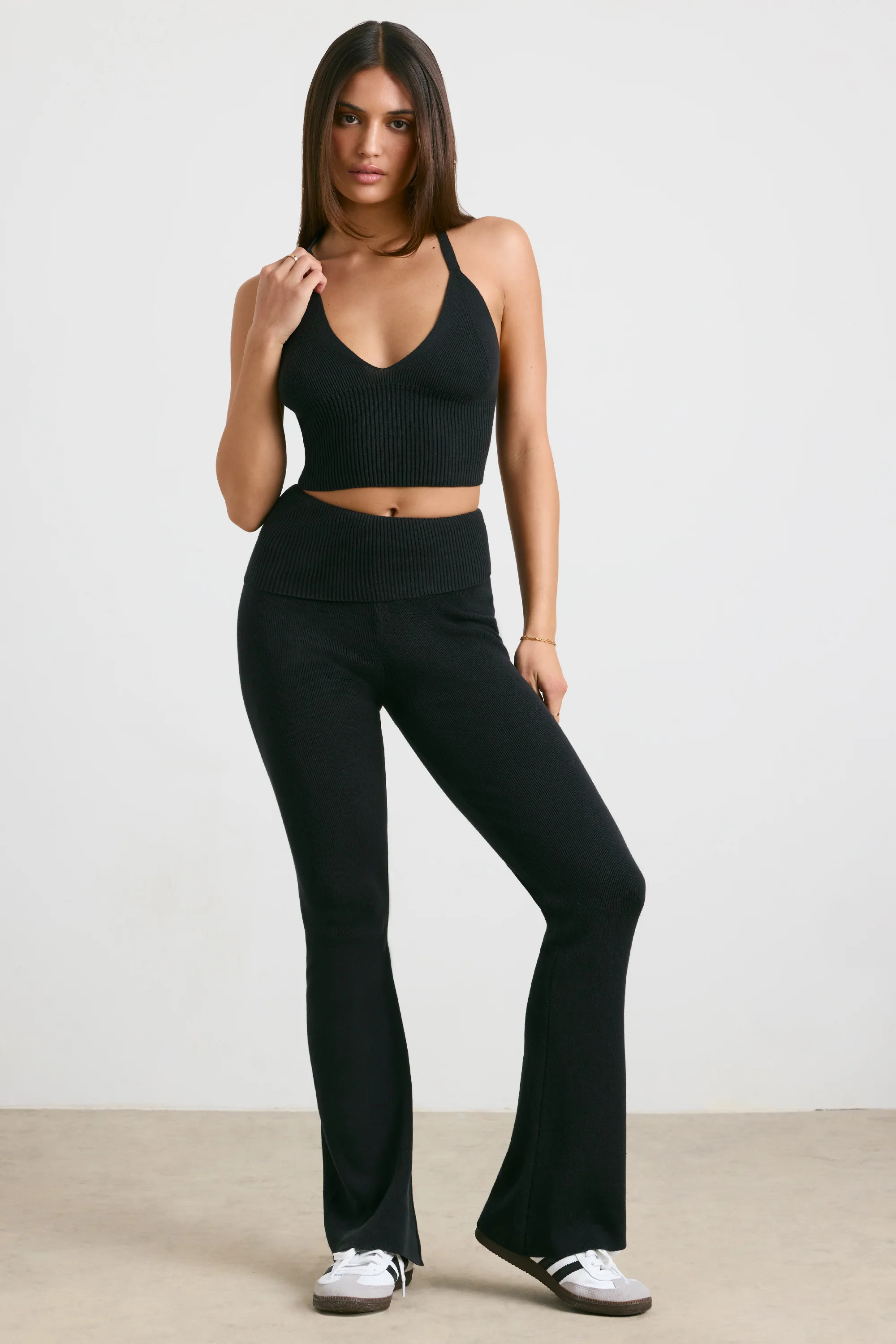 Petite Chunky Knit Kick Flare Trousers in Black | Oh Polly
