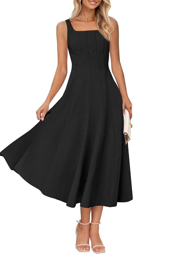 MEROKEETY Women's 2025 Summer Sleeveless Midi Dress Square Neck Smocked Flowy A Line Beach Dresse... | Amazon (US)