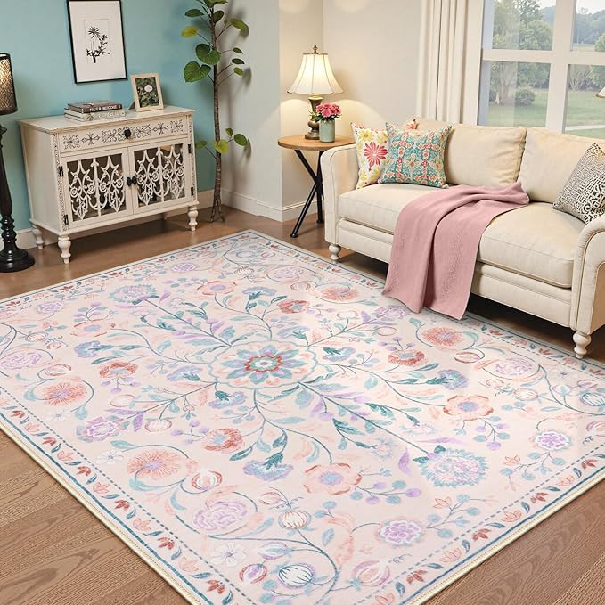 Anidaroel Boho Rugs for Living Room 8x10, Washable Pink Area Rug for Bedroom Vintage Soft Girls R... | Amazon (US)