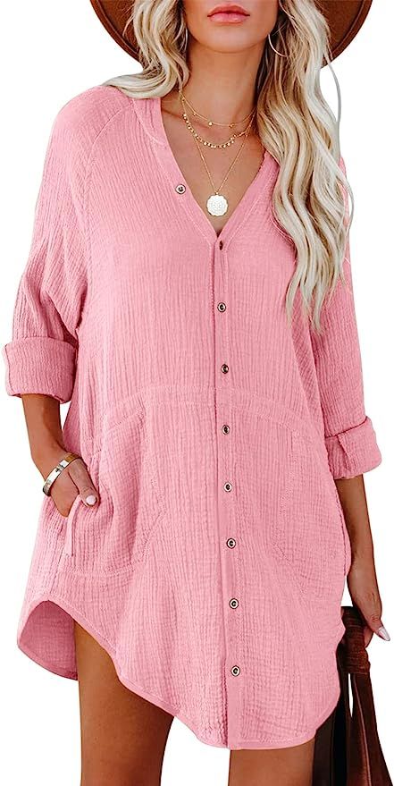 Fisoew Women's Long Sleeve Button Down Tunic Shirts Cute V Neck Tops Cotton Cover Up with Pockets | Amazon (US)