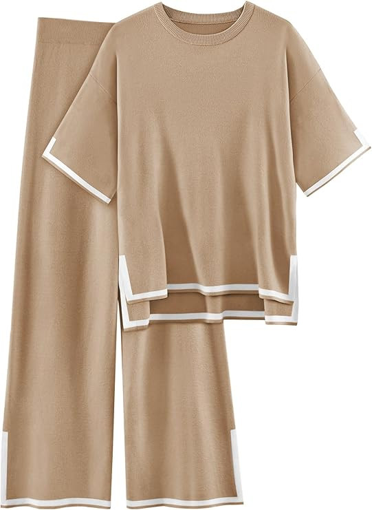 LILLUSORY Womens Two Piece Outfits Short Sleeve Knit Sweater Top Wide Leg Pants Lounge Sets | Amazon (US)