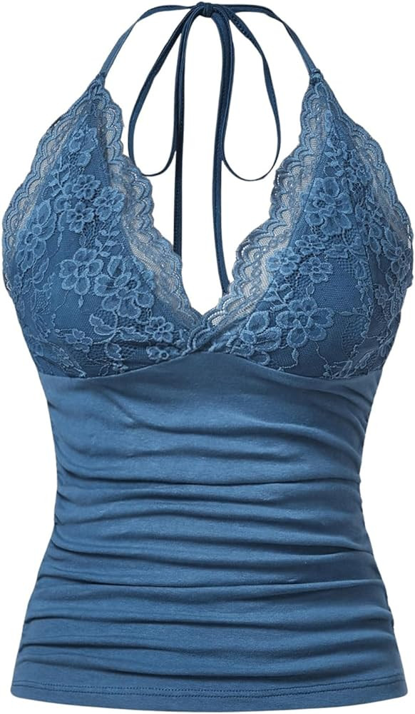 MakeMeChic Women's Halter Top Y2K Lace V Neck Ruched Low Cut Halter Tank Tops Camisole Tops | Amazon (US)