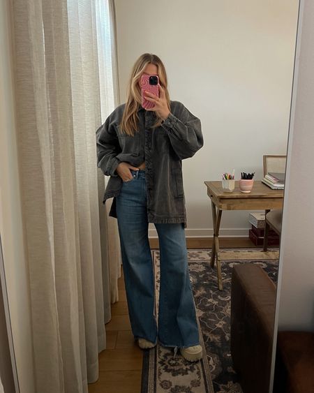 Free people jacket size M went with true size but you could size down!! Loose and soft denim I love the oversized fit. Jeans sold out but linking similar!! 

