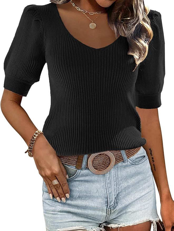 Zeagoo Womens Puff Sleeve Tops Sweater V Neck Short Sleeve Shirts Slim Fit Basic Tee Top | Amazon (US)