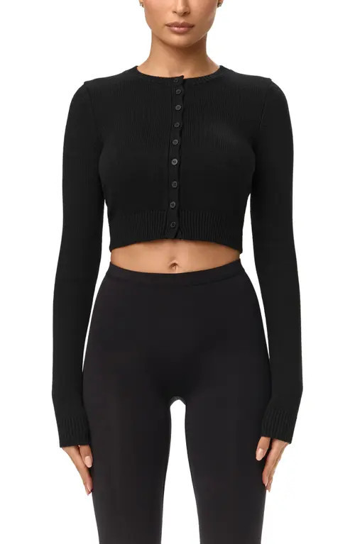 Naked Wardrobe Rib Crop Cardigan in Black at Nordstrom, Size Large | Nordstrom