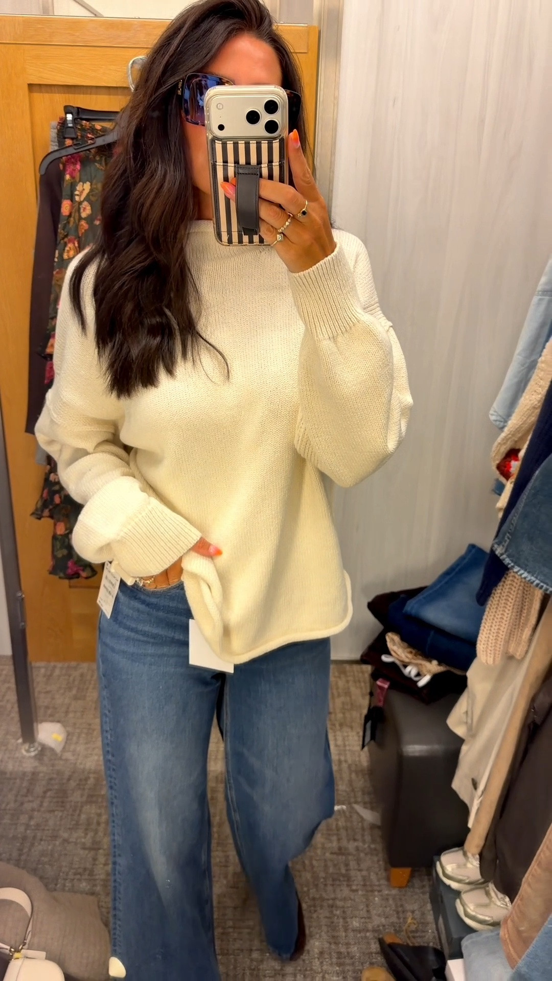 Love this sweater. Size small 

Fave jeans of the sale. True to size 
Fave designer Sunnies too!

#LTKootd #LTKOver40