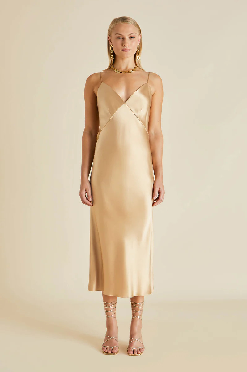 Issa Caramel Slip Dress in Silk Satin | Olivia von Halle