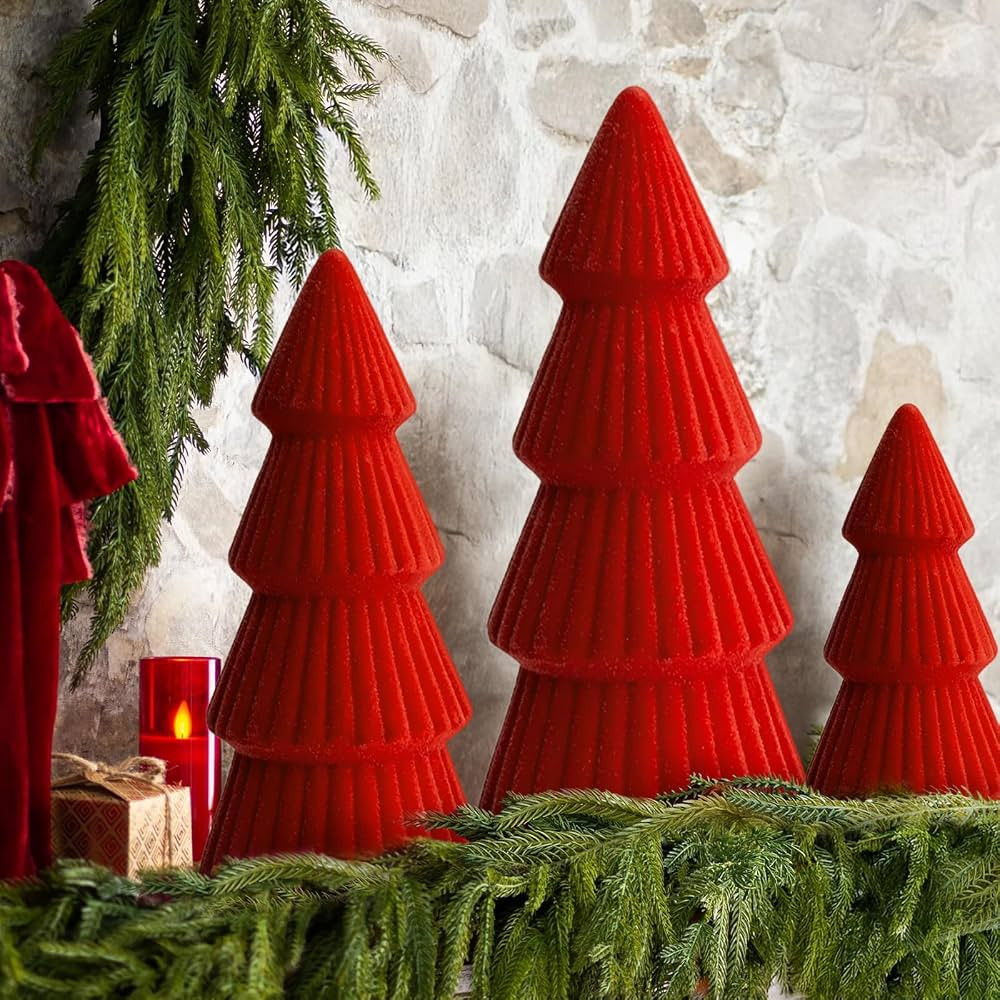 Christmas Decorations Indoor- 3 Pcs Velvet Christmas Tree,Modern Cone Ceramics Christmas Decor Ta... | Amazon (US)