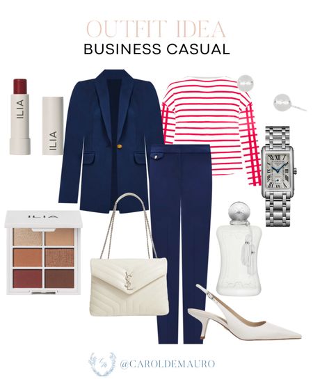 Here's a business casual outfit inspo you can copy: navy blue blazer, white & red striped sweater, navy pants, white slingback heels, and more!
#officewear #modestlook #petitestyle #capsulewardrobe

#LTKshoecrush #LTKworkwear #LTKstyletip