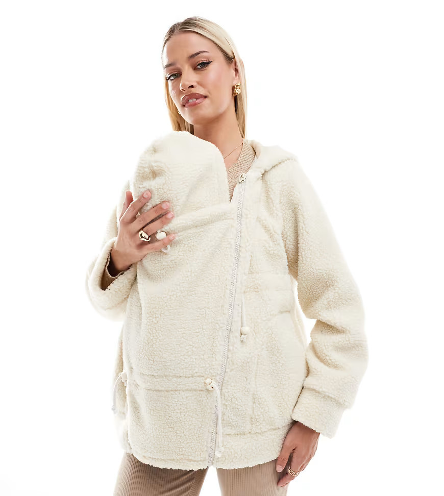 Mamalicious Maternity 3-in-1 teddy jacket with removable front in cream-White | ASOS (Global)