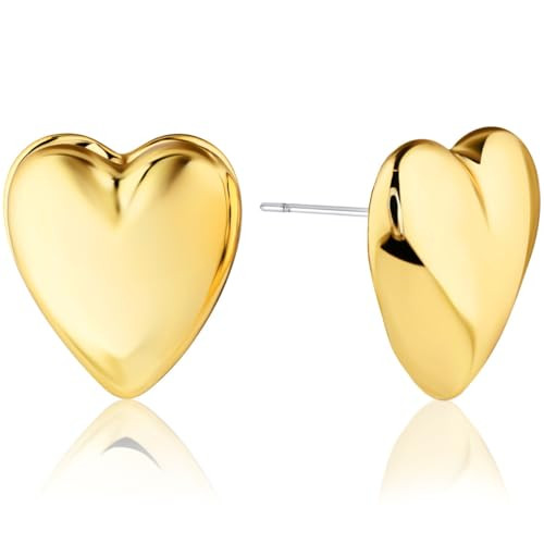 Gold Heart Earrings for Women - Heart Stud Earrings for Women, Big Heart Gold Earrings for Women, Puffy Heart Earrings Gold Tone Heart Studs, Chunky Gold Heart Earrings, Cute Gold Heart Stud Earrings | Amazon (US)