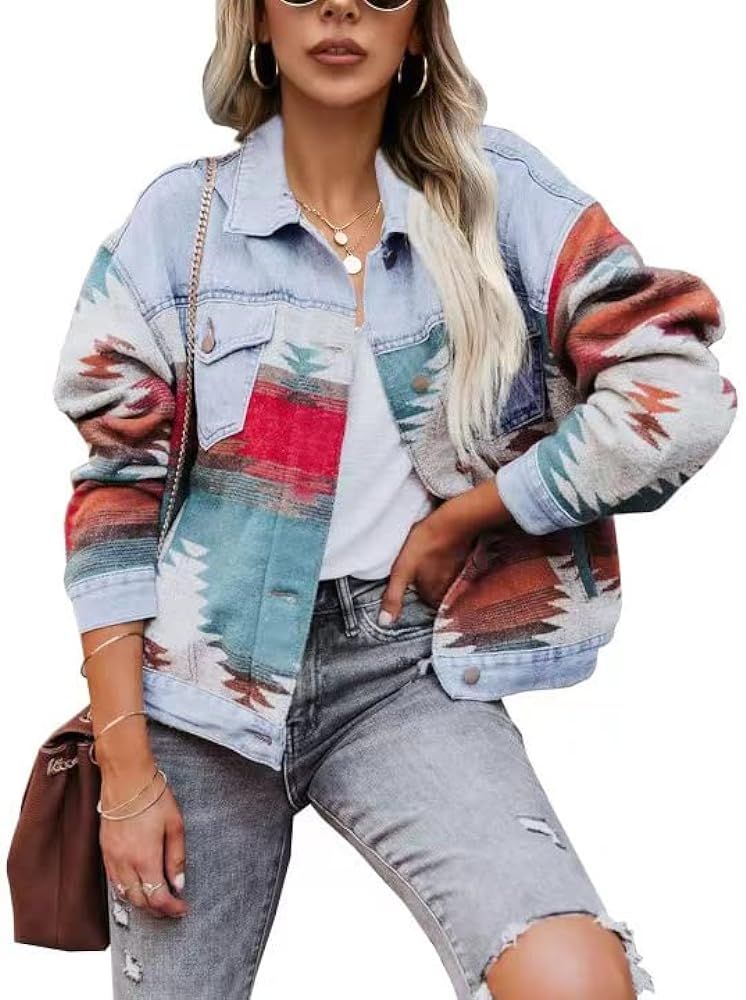 Lumister Women's Aztec Denim Jacket Distressed Lapel Long Sleeve Vintage Button Down Denim Jacket Sh | Amazon (US)