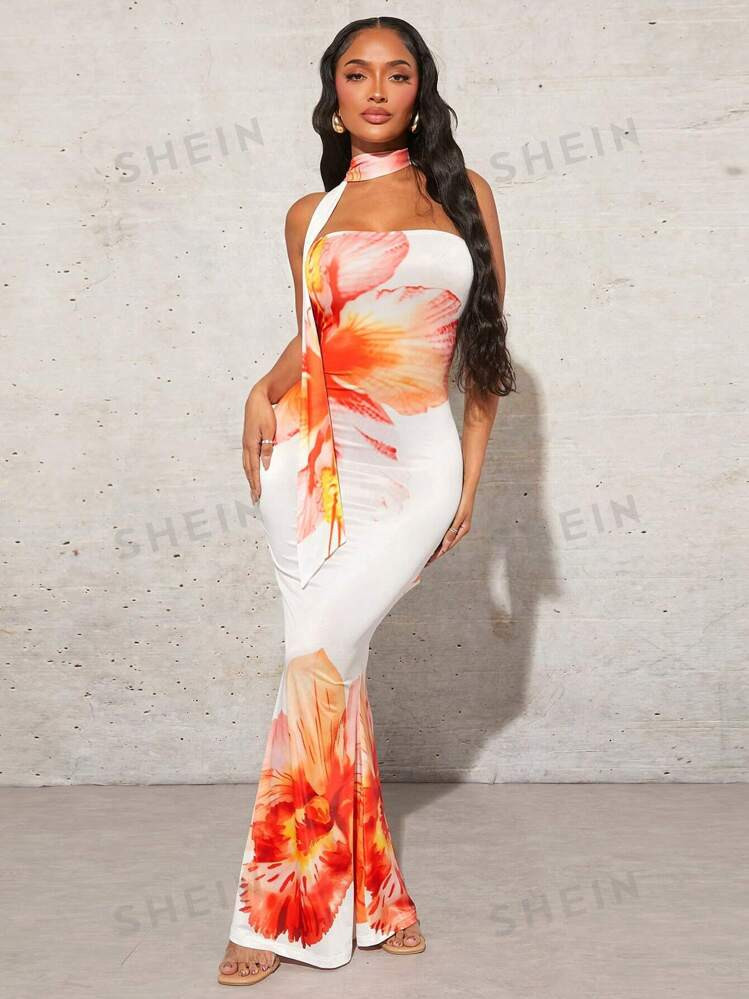 SHEIN SXY Women's Summer Floral Print Fish Tail Hem Bodycon Strapless Elegant Date Night Hawaiian... | SHEIN