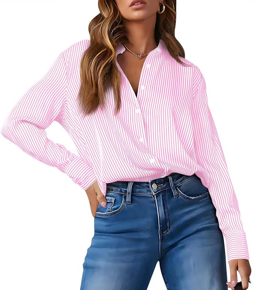 OMSJ Women’s Striped Button Down Shirts Casual Long Sleeve Stylish Collared Office Work Blouses... | Amazon (US)