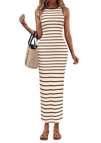 PRETTYGARDEN Sundresses for Women 2026 Summer Striped Knit Side Slit Spring Fashion Bodycon Maxi ... | Amazon (US)