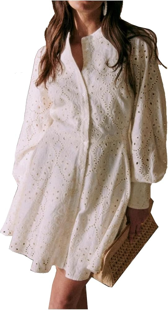 SCOFEEL Women's Embroidered Eyelet Shirt Mini Dress Long Sleeve Button Down Hollow Out Shirts Tun... | Amazon (US)
