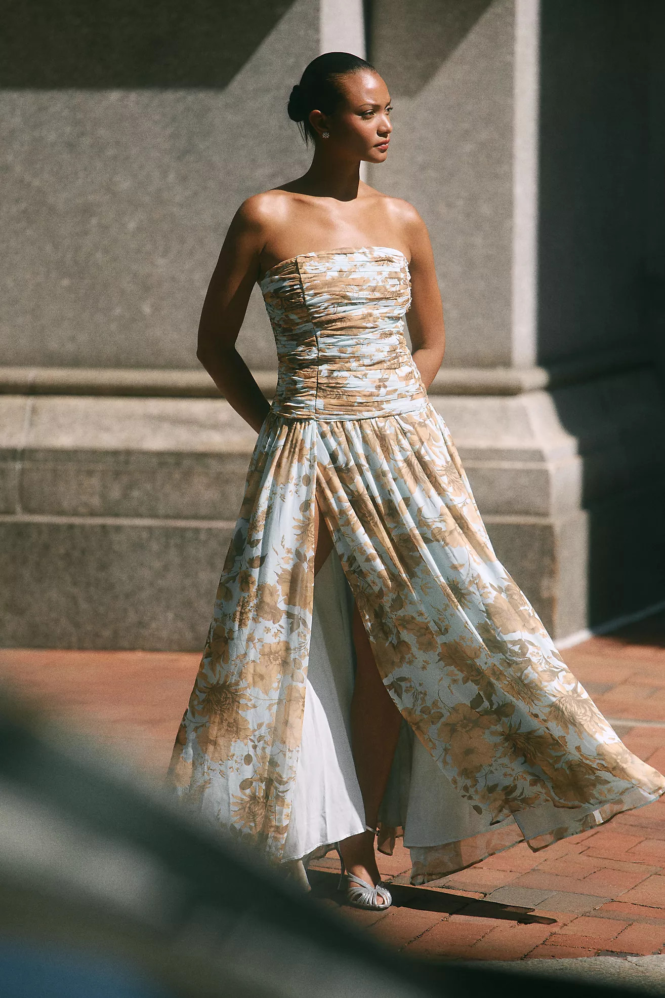 BHLDN Strapless Ruched Chiffon A-Line Maxi Dress | Anthropologie (US)