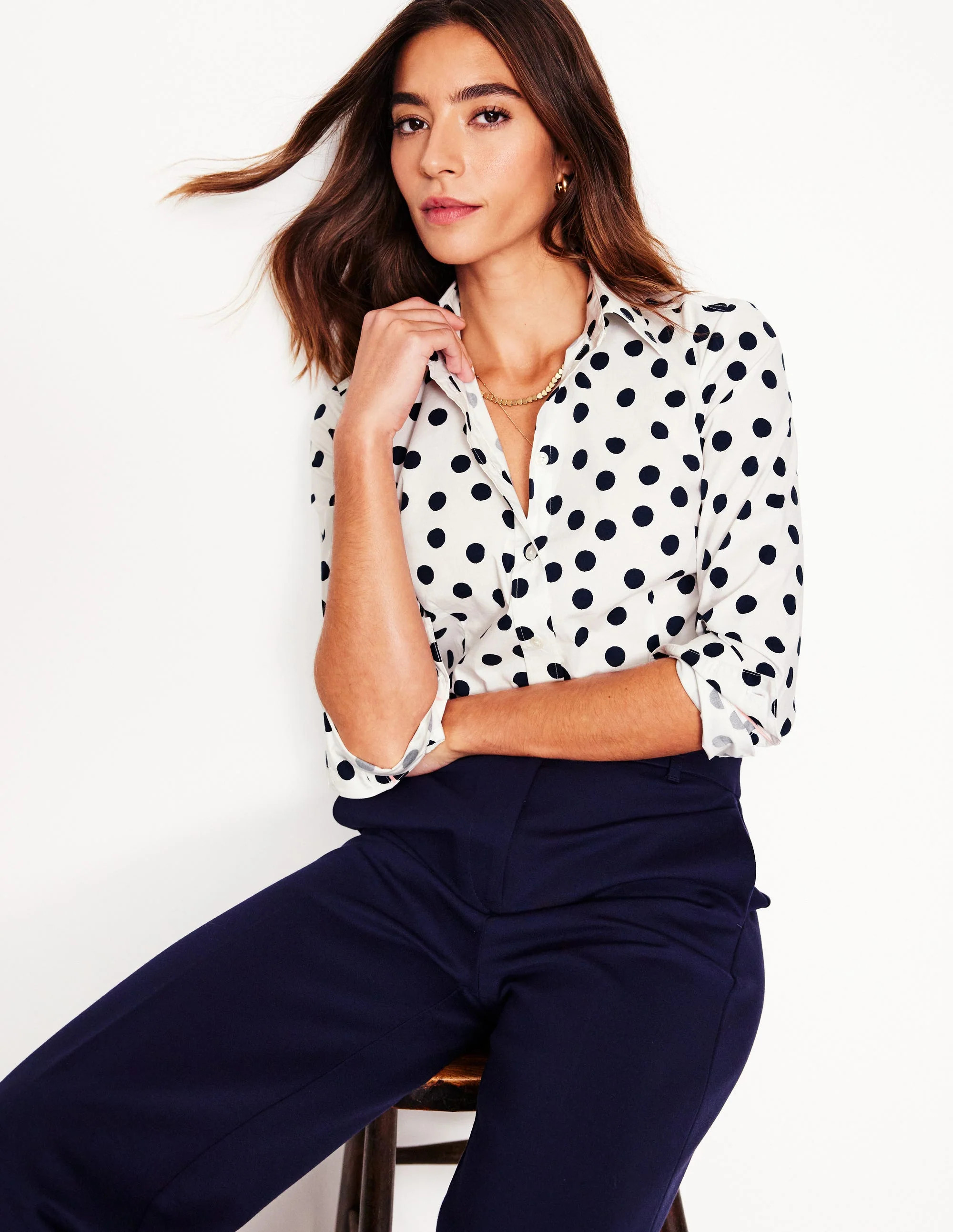 Saskia Stretch Cotton Shirt-Ivory and Navy, Abstract Dot | Boden (US)